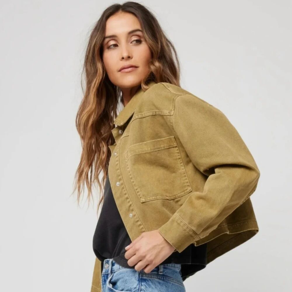 L*Space Harry's Jacket Denim Jean Cropped Boxy Fit Olive Green Khaki LSpace sz L